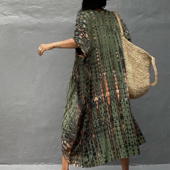 Army Green Tie Dye Boho Swim Coverup Kimono Robe - Picture 6 of 6